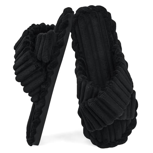 Slippers for Women Memory Foam House Bedroom Corduroy Crossbands Slippers Comfy Open Toe Indoor Womens Slip On Slipper Slides