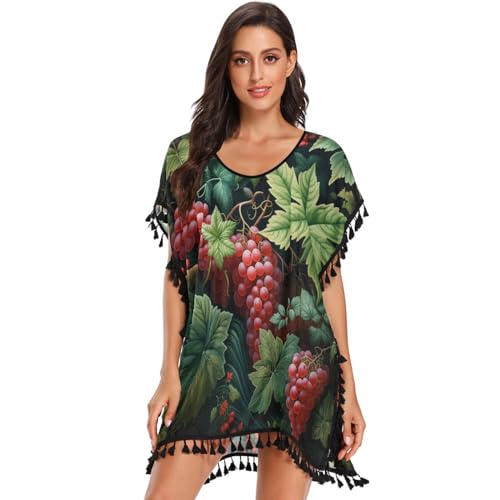 KAAVIYO Repeating Pattern Grape Women's Beach Cover Up Chiffon Tassel Swimwear Swimsuit Coverups for Girl