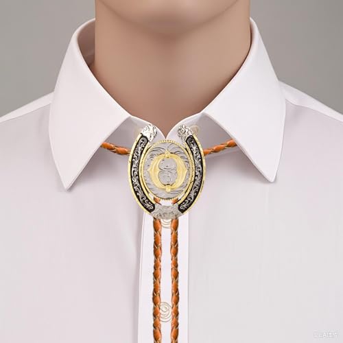 Image of Bolo tie for Men Western Cowboy Brown Leather Necktie Gold Initial Letter ABCDJMR to Z Bolo ties for Women