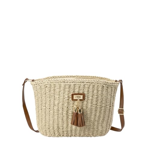 MODELISA - Bolso Bandolera Capazo Rafia Paja Borla Crossbody Estilo Casual Mujer (Beige)