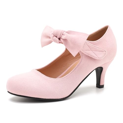 Women's Cute Bow Heels Mary Jane Low Kitten Heel Pumps Closed Toe Bowtie Ankle Strap Hook & Loop Vintage Wedding Evening Party Dress Office Work Church Shoes