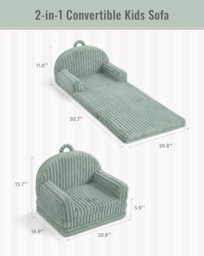 Image of Blissful Diary Foldable Kids Couch, 2-in-1 Comfy Kids Chair for Reading, Playroom, Kids Couch Sofa for Girls Boys Birthday Gift, Sage Green