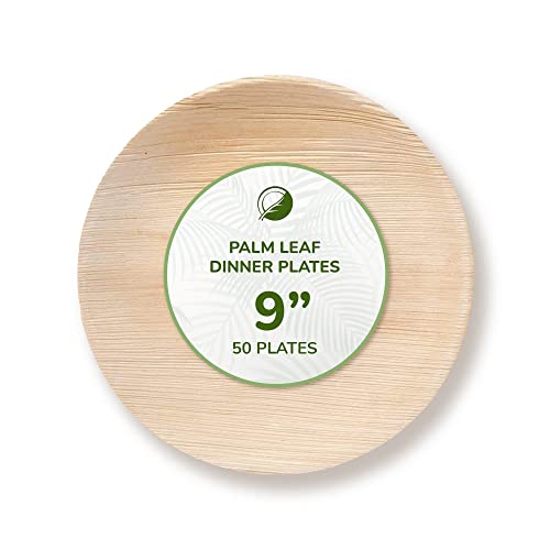 The Clear Conscience Tcc - Palm Leaf Dinner Plates, 9" Round, 50 Pcs, Bamboo & Wood Style, Biodegradable, Single Use, Disposable, Usable For Hot Dishes #TOP18