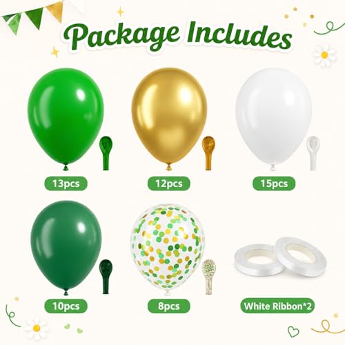 Image of Green and Gold Balloons, 60 Pcs 12 Inch Dark Green White Metallic Gold Latex Balloons with Green Gold Confetti for Birthday Graduation Party Decorations