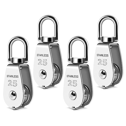 M25 Single Pulley Snatch Block Lifting Crane Swivel Hook, 304 Stainless Steel, 1/4" Rope x 1" Sheave, 330 lbs Load (M25-4PCS)