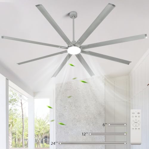 96 Inch Large Ceiling Fan with Lights,Industrial Ceiling Fan,8 Silver Aluminum Blades Indoor Outdoor,Reversible DC Motor,6 Speed Remote Control,3 Downrods, Big Ceiling Fan for Warehouse,Patio,Gym,Shop