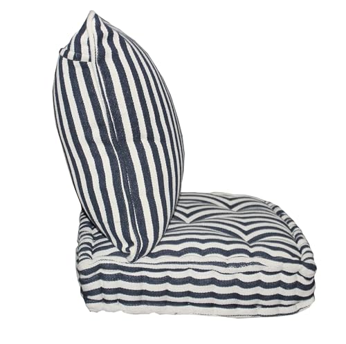 Image of Woven Quilted Floor Cushion Set 60x60x10 CM Navy Blue Stripe with Fillers & Back Cushion, Large Size for Seating, Patio Seat, Meditation, Yoga, Pooja, Guests, Living 24x24x4 Inch