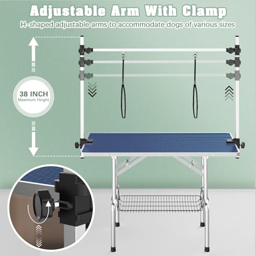 Image of Lyromix 42'' Stainless Steel Pet Dog Grooming Table, Arm /Noose /Tray, Blue
