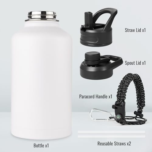 Image of Fijinhom Gallon Water Bottle with 2 Lids (Straw & Spout), 304 Stainless Steel Water Jug with Handle and Wide Mouth, 1 Gallon Vacuum Double Walled Jug for Sports, Outdoors, Leak-Proof, White 128 oz