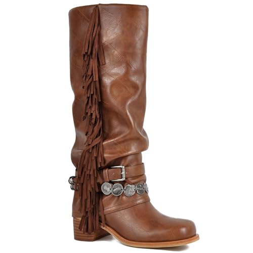 KISTANIA Riding Boots for Women Brown Knee High Moto Boots with Fringe Western Square Toe Chunky Block Heel Pull-On Leather Fashion Buckle Strap Fold-Over Booties Size 10