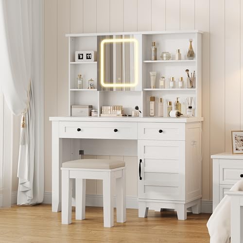 Farmhouse Makeup Vanity Desk with Solid Wood Stool, Makeup Vanity with Mirror and Lights & Power Outlet, Makeup Table with 2 Drawers, Dressing Table with Glass Top for Bedroom Dressing Room, White
