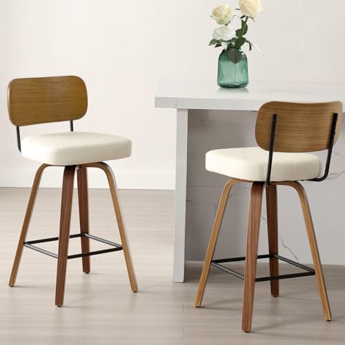 Image of Bekrvio 360° Swivel Square Barstools Set of 2 with Bent Wood Backrest and Walnut Legs.Mid-century Modern 65cm Counter height Chair for Kitchen