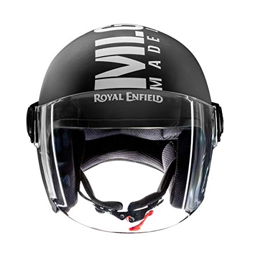 Image of Royal Enfield Open Face MLG Riding Helmet with Clear Visor Impact Protection, Excellent Scratch Resistance, Anti-Microbial Fabric Matt Black & White, Size: M (58Cm)