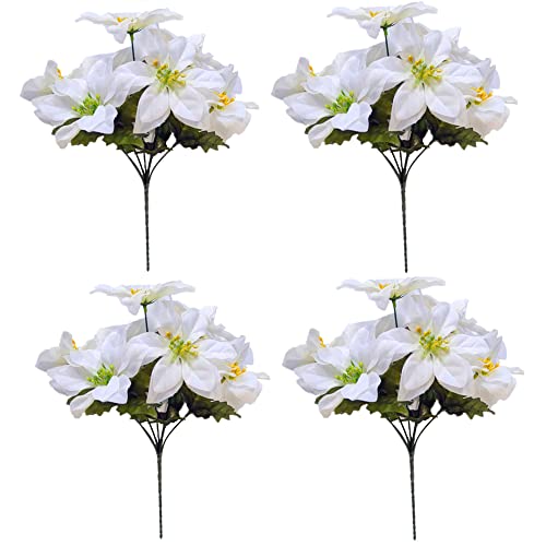 Bo Lala 4 Pieces Artificial Christmas Flowers Silk Poinsettia Flowers Fake Flowers for Christmas Decoration (White)