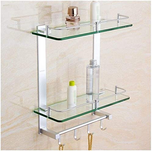 USZWBY Glass Shelf Bathroom Shelf with Hooks Shower Space Aluminum Caddy Bath Basket Storage Shelf Shower Shelf 2-Tier