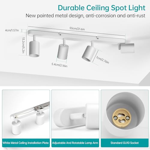 wowatt LED Deckenstrahler 4 Flammig, Deckenlampe Weiß Schwenkbar GU10, Spotleuchte Wandspot Deckenleuchte Drehbar, Spotlight Lampe Deckenspots für Küche, Schlafzimmer, Wohnzimmer (Ohne Leuchtmittel)