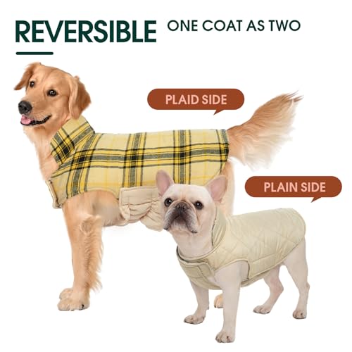 Image of Kuoser Waterproof Dog Coat, Warm Reversible Dog Jacket with Leash Hole | Soft Cozy Dog Cold Weather Coats for Rainy Snow Days, Lightweight Jacket for Large Dogs, Xmas Dogs Snowsuit Yellow 3XL