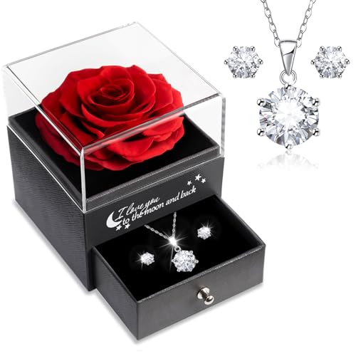 Sunia San Valentin Regalos Mujer,Rosa Eterna con Collar y Pendientes de Plata de Ley 925,Rosa Preservada para Mama Abuela Novia,Regalos Originales para Mujer,Regalos Cumpleaños Navidad Dia de la Madre