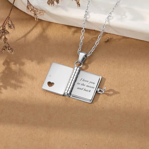 Image of Personalized Story Book Pendant Necklace, Stainless Steel Customizable Locket with Chain, Heart Charm Design, 18.5mm BookPendant, 45cm Chain Length, Gift for Women and Girls