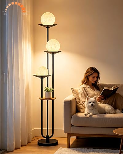 Image of Lightdot Globe Floor Lamp with Shelf 3-Lights Modern Dimmable Floor Lamps for Wedding /Party, 3000K Warm White Bulbs Included, Black Tall Standing Lamp with Grey Shade for Living Room /Bedroom
