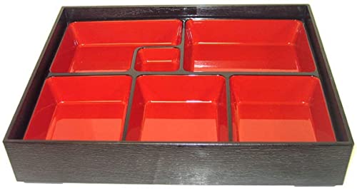 Japanbargain 1591, Lot Of 12 Japanese Restaurant Style Bento Box Traditional Plastic Lacquered Lunch Plates 6 Compartments For Restaurant Or Home Tray And Plate Set, Red And Black, Made In Japan (12, 11.75"X9.5") #TOP1