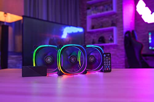 Aerocool Astro 12 Pro Bundle – 3X Argb Fans 120Mm, 1X H66F Rgb Hub, Omni Argb Lighting And 18 Leds, Includes 6-Pin Connector, Remote Control, Curved Blades And Anti-Vibration Pads, Carbon Fibre, Black #TOP6