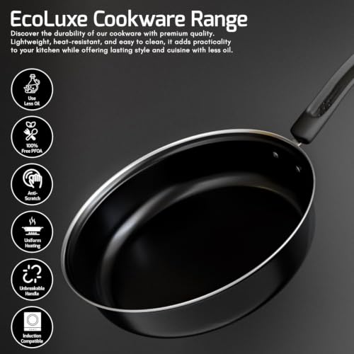 Image of The Earth Store Ecoluxe Frypan - 34 x 21 CM Enamel-Ceramic Coated Iron Frypan | Durable Cooking Pan for Frying, Sauteing & Everyday Cooking | Black