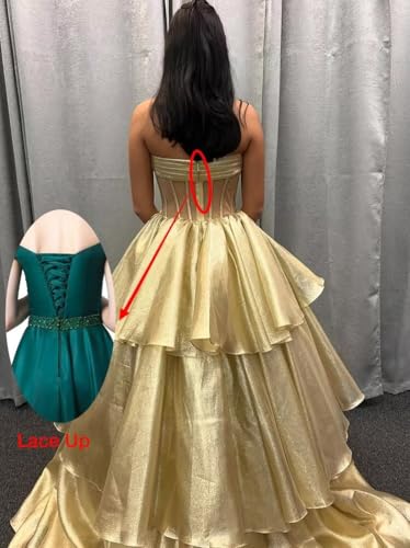 Women’s Tiered Tulle Prom Dresses Long Ball Gown Bow Ruffle Strapless Corset Sparkly Formal Evening Dress with Slit2