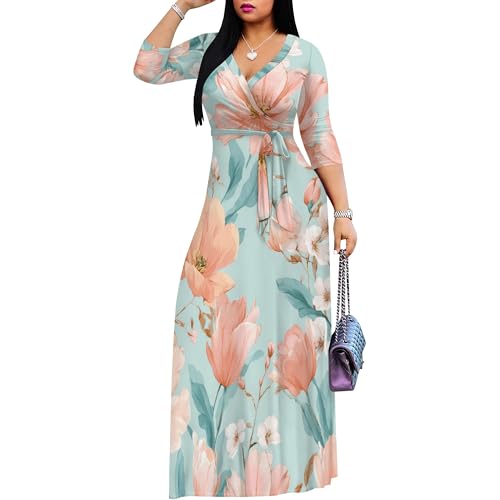 Image of SUZONANA Plus Size Dresses for Women Floral Print Maxi Dress Flowy 3 /4 Sleeve with Belt