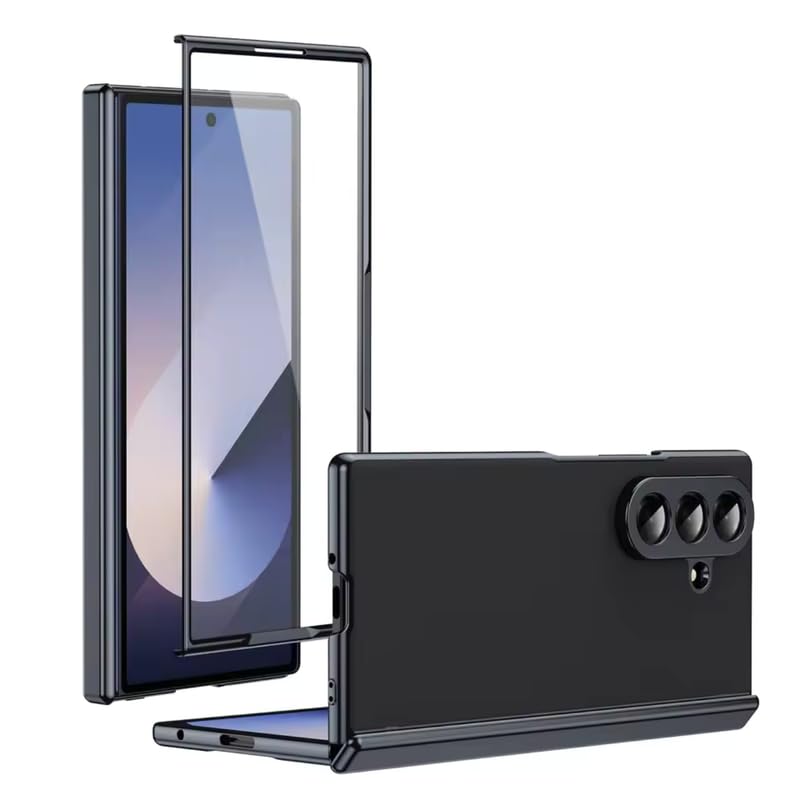 Image of Ultra Hybrid Luxury Leather Case Compatible with Samsung Galaxy Z Fold 7 (2025) 360 Hinge Protection, Slim Shockproof Back Cover, Anti-Scratch Design, Tempered Glass Protection - Black