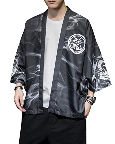 Image of Men's Japanese Kimono Robe Jacket Lightweight 3 /4 Sleeve Open Front Yukata | Silky Smooth Fashion Print Happi Coat Lightweight Breathable Loose Unisex Haori Casual Summer Cardigan Daily Beach Vacation