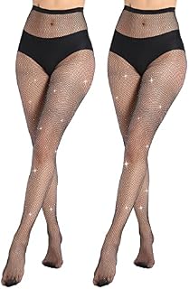 MANZI Woman Fishnet Tights, Sparkly Rhinestones and Diamond Mesh Stockings, Glitter Tights for Women 2 Pairs