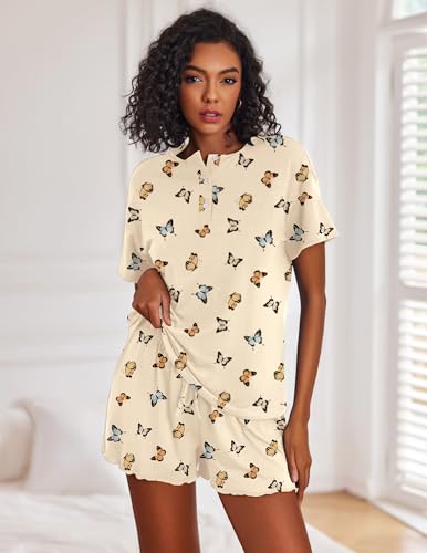 Image of Ekouaer Pajamas Set for Women Short Sleeve Lounge Set 2 Piece Loungewear PJs Soft Cute Lightweight Sleepwear