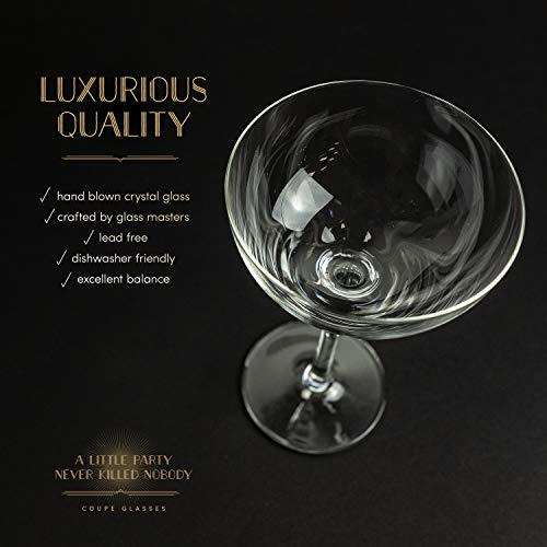 Vintage Crystal Champagne Coupe Glasses | Set of 2 | 4-5 oz Classic Cocktail Glassware - Martini, Manhattan, Cosmopolitan, Sidecar, Daiquiri | 1920s Speakeasy Retro Style Saucers | Storage Box
