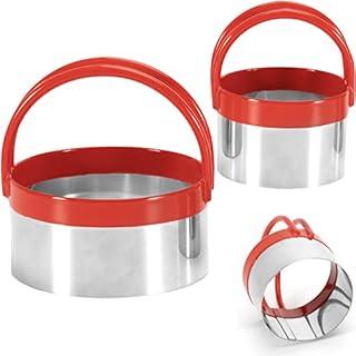 COOKIEQUE Biscuit Cutter Set (3 Pieces), Circle Round Cookie Cutters with Handle, Unique Design Baking Tool with Protective Red PVC