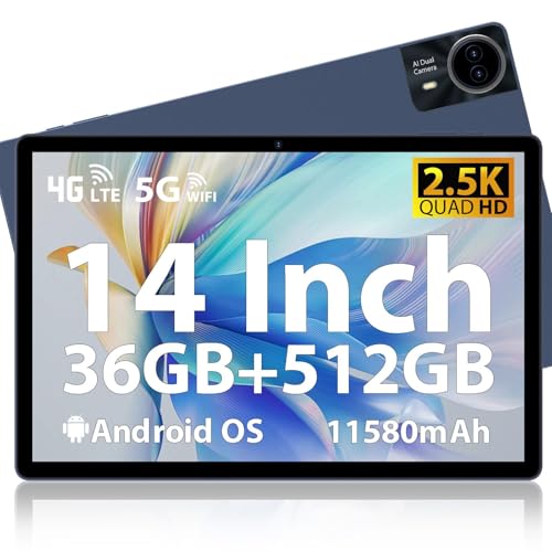MAXLEGEN Tablet de 14 pulgadas, pantalla táctil de 2,5 K, 36 GB de RAM + 256 GB de ROM, 1 TB TF, tableta SIM de 1 TB, 4 G LTE + 5G WiFi, Octa Core, 4 altavoces, 13 MP, 11580 mAh, GMS, GPS, incluye
