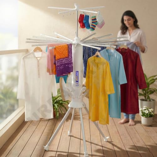 Image of URBAN KRAFT Octopus Foldable Rotating Cloth Drying Rack, 360 Multi-Layer Laundry Stand with Lockable Wheels, 4 Pulleys 20 Clips 6 Shoe Dryers Rods for Indoor /Outdoor Camping Poolside Space Saving