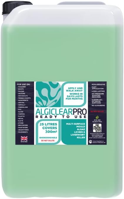 25 Litres - Algiclear Pro Ready to Use - Green Algae, Liverwort & Mould Remover, Caravan Cleaner for Large Outdoor Spaces – Cleans & Brightens Fences, Roof Tiles, Concrete & Bricks up to 300 m²