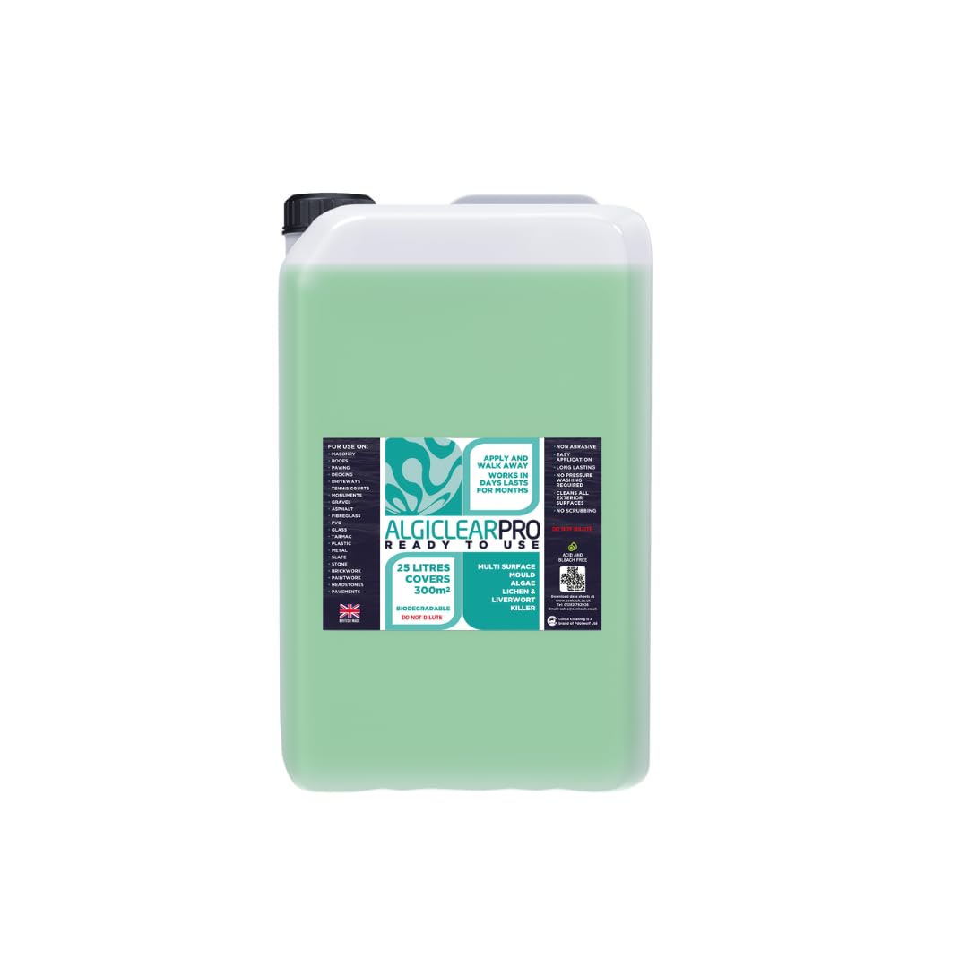 25 Litres - Algiclear Pro Ready to Use - Green Algae, Liverwort & Mould Remover, Caravan Cleaner for Large Outdoor Spaces – Cleans & Brightens Fences, Roof Tiles, Concrete & Bricks up to 300 m²