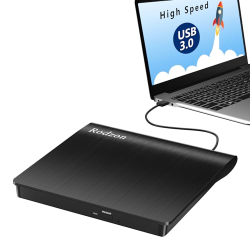 Rodzon Grabadora Externa USB 3.0, Unidades Portátil CD/DVD /-RW/ROM Estable con Lector/Quemador/Re...