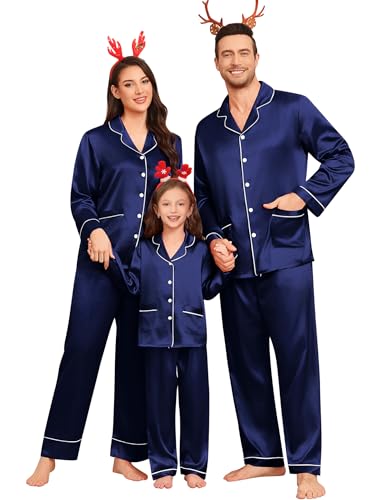 SWOMOG Matching Family Pajamas Set Women & Men Silk Satin Pjs 2 Pcs Long Sleeve Button Down...
