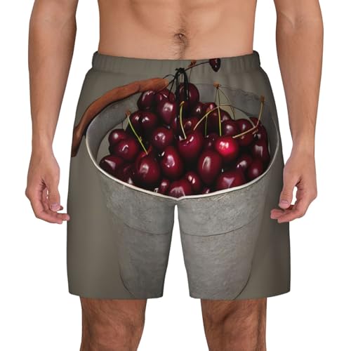 Bucket with Full of Cherries Men's Soft Double Swim Shorts, Lounge Swiming Shorts Pants Breathable Summer