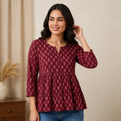 Image of Women's Printed V-Neck Short Kurti | Casual Long Sleeve Tunic Top