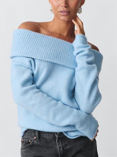 Image of Women Off The Shoulder Sweater Y2k Long Sleeve Boat Neck Knit Cropped Pullover Tops Fall Trendy Going Out Streetwear