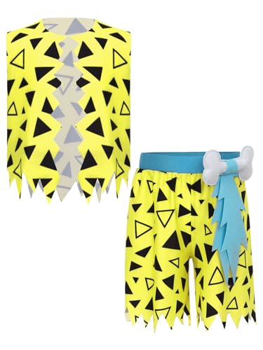 Miutii Disfraz de guijarros para niños, chaleco de la Edad de Piedra, chaqueta + pantalones cortos, juego de ropa, Halloween, carnaval, fiesta temática, amarillo, 134-140