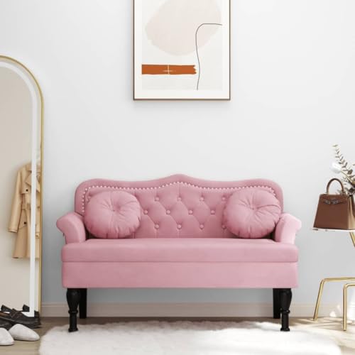 QUAHEAS Banco con cojín de terciopelo rosa 120,5 x 65 x 75 cm, acolchado con respaldo y reposabrazos, patas de madera de caucho maciza, para pasillo, dormitorio, comedor, pasillo