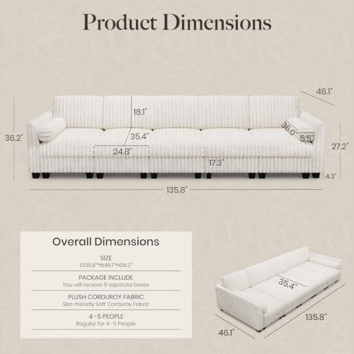 Image of Belffin Oversized Cloud Deep Seat Sectional Sleeper Sofa Bed Corduroy Couch. Beige Couch