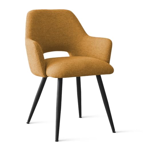 Image of Finch Fox Motel Luxurious Home Collection Upholstery Fabric Arm Dining Room Chairs in Mustard Color with Black Metal Powder Coated Legs (Set of 4)