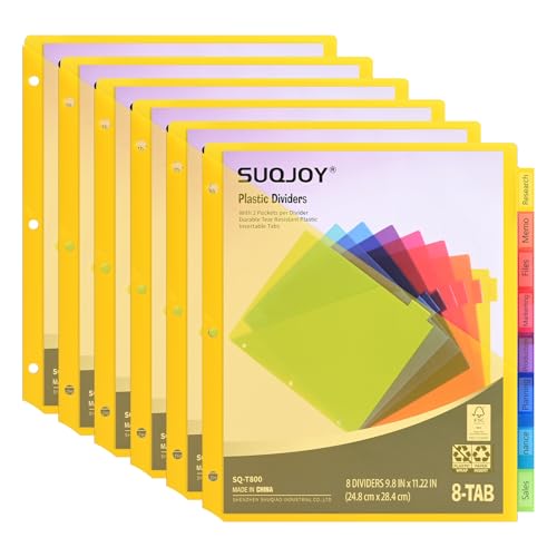 SUQJOY 8-Tab Dividers for 3 Ring Binder, 48 Count Binder Dividers with Pockets, Subject Dividers, 3-Hole Plastics Sheets Protectors for US Letter Size in 0.5", 1",2" Binders, Vibrant 8 Color, 6 Packs