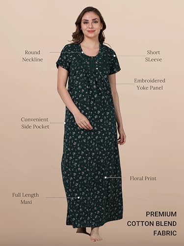 Image of 9shines Label Stylish Cotton Blend Embroidered Maxi Nightdress for Women with Pocket| Full Length Nightwear| Premium Nightdress| Comfortable Nightwear(5256)
